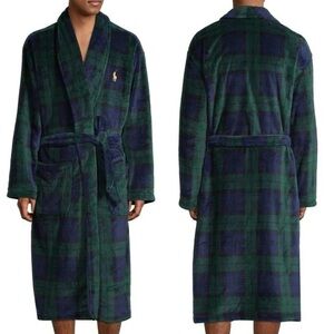 Polo Ralph Lauren Tartan Plush Microfiber Robe Mens L Blackwatch Plaid Pony Logo